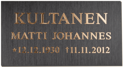 Messinkilaatta kaiverrettuna "Kultanen" - Lahden Hautaustoimisto